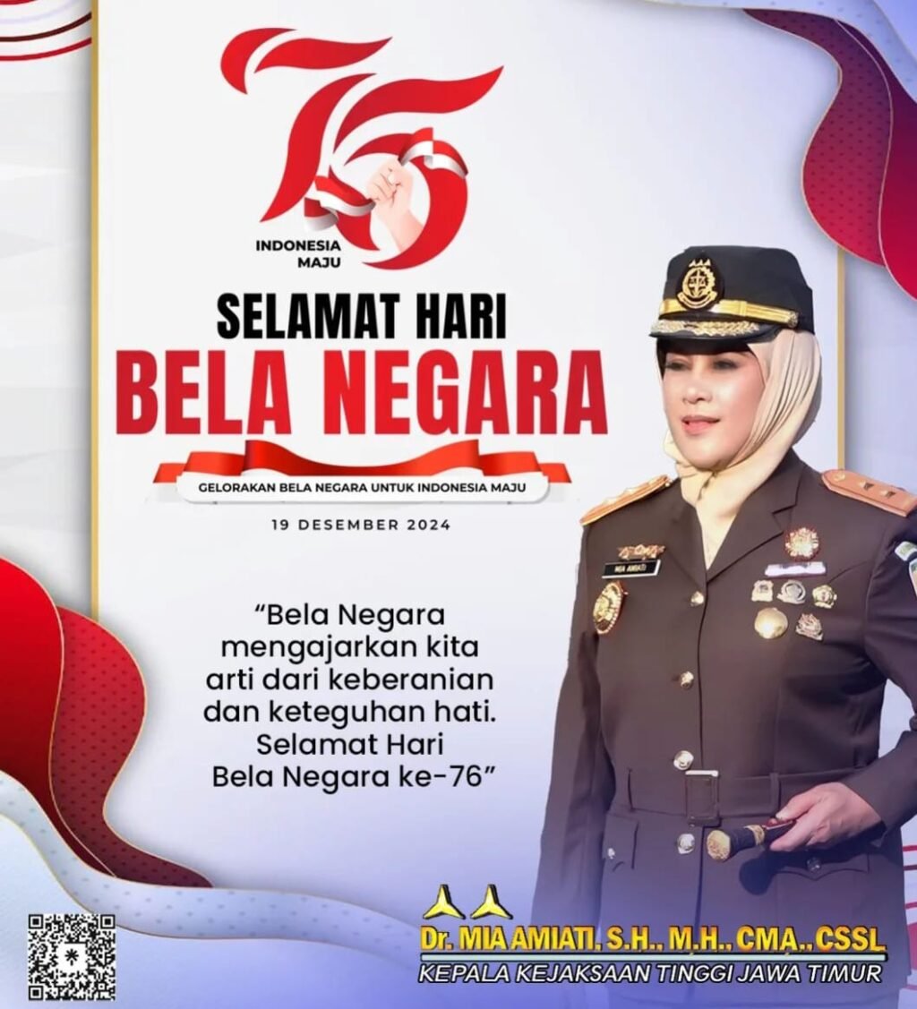 Hari Bela Negara ke 76, Kajati Jatim Mia Amiati : Rela Berkorban Untuk Bangsa dan Negara