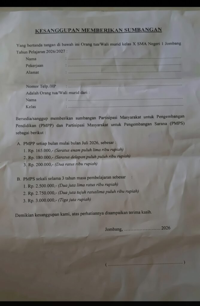 Dugaan Pungli Rp3 Juta di SMAN 1 Jombang Jadi Sorotan Publik, Tiga Kali Klarifikasi Tak Membuahkan Hasil